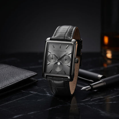 Perry Ellis Men's Rectangular Moonphase Watch, Textured Dial, PU Strap