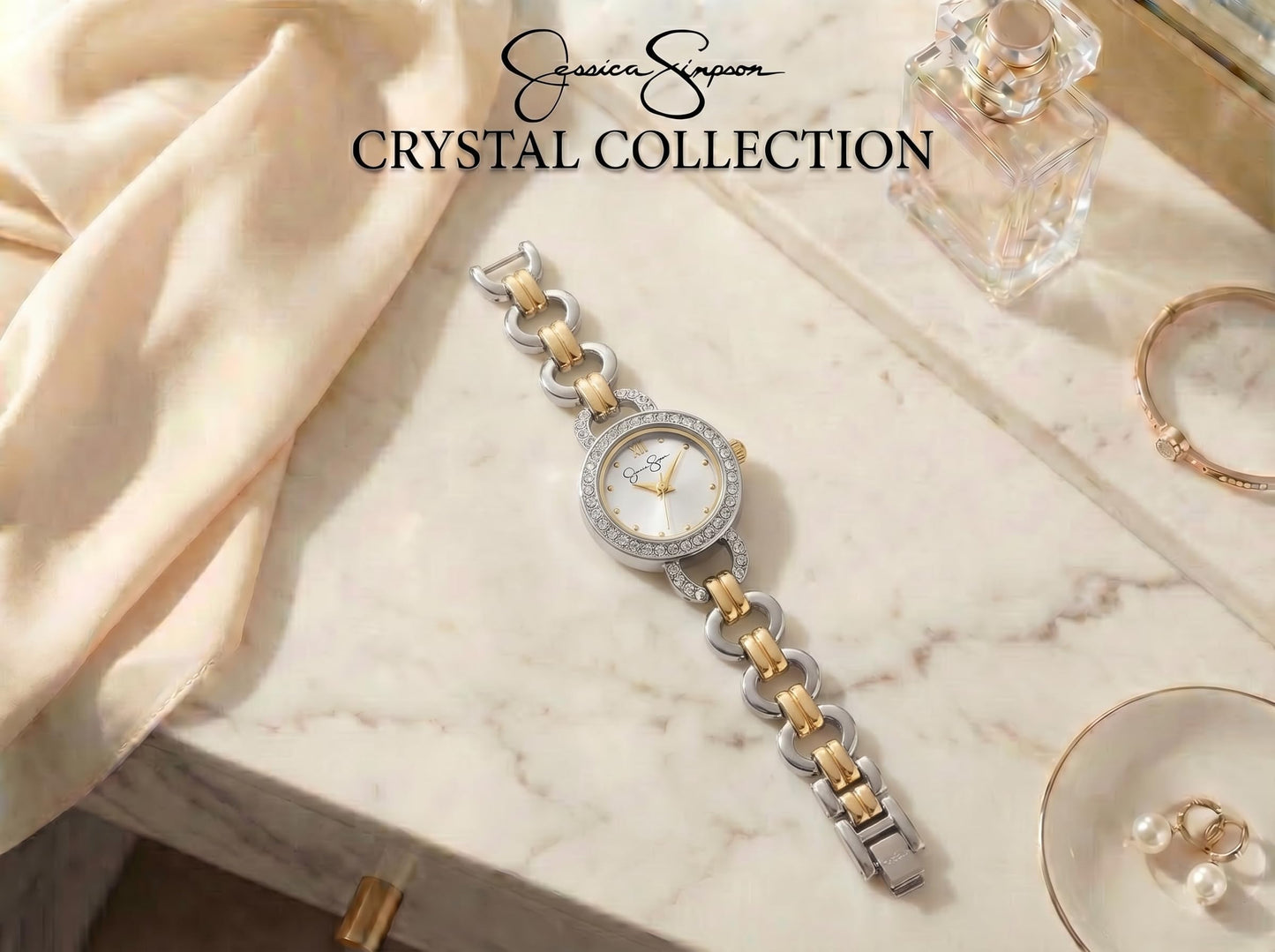 Jessica Simpson Women’s Round Two Tone Watch 22mm Silver Dial Crystal Bezel