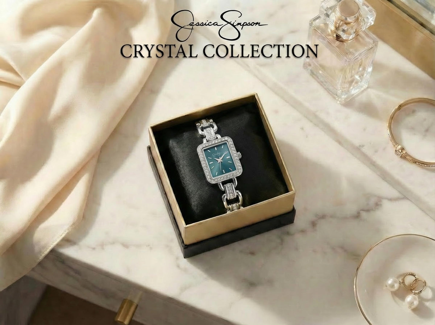 Jessica Simpson Women’s Rectangular Silver Watch 20mm Teal Sunray Dial Crystal Bracelet