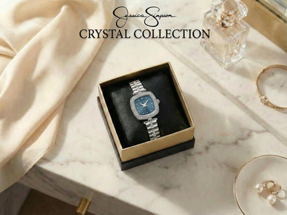 Jessica Simpson Women’s Cushion Silver Watch 22mm Teal Sunray Dial Crystal Bracelet