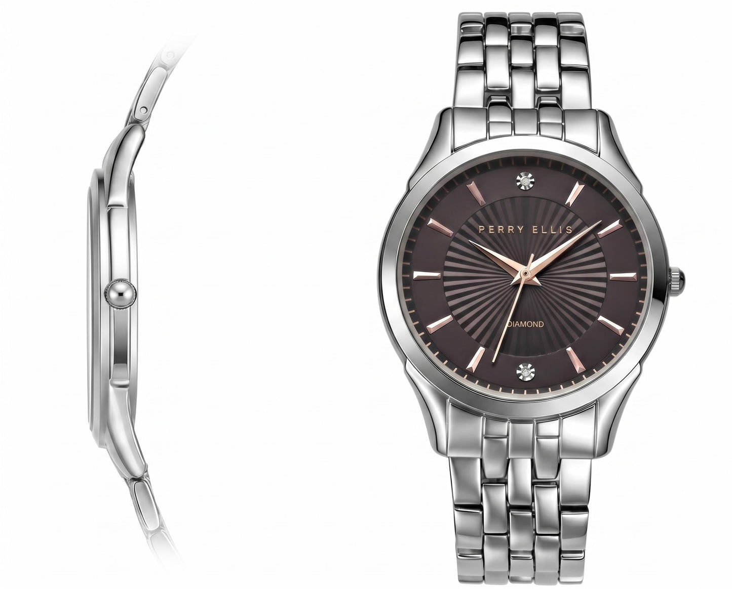 Perry Ellis Ultra Slim Men’s Round Silver Watch 41mm Brown Textured Dial Bracelet Diamond Accent