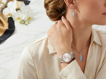 ELLEN TRACY Women's 32mm Round Two Tone Silver/Gold Watch and Jewelry Gift Set, White Dial, Crystal Accents