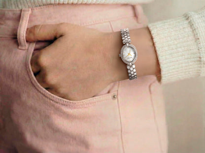 ELLEN TRACY Women's 20mm Oval Silvertone Watch, Blue Dial, Crystal Accents, Bracelet Band