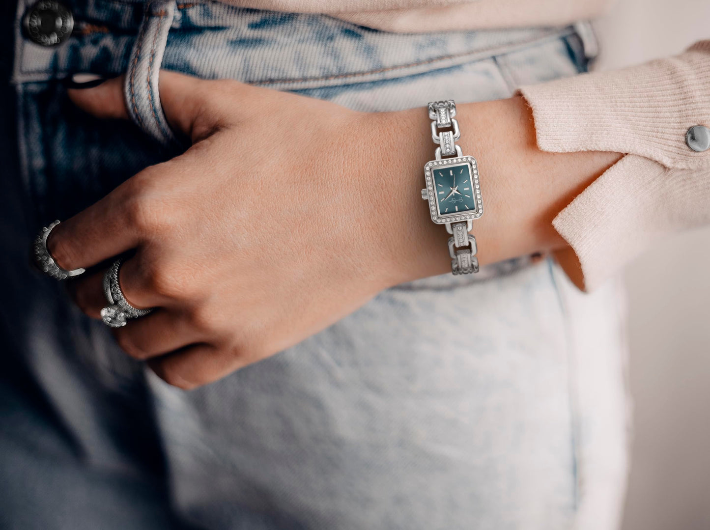 Jessica Simpson Women’s Rectangular Silver Watch 20mm Teal Sunray Dial Crystal Bracelet