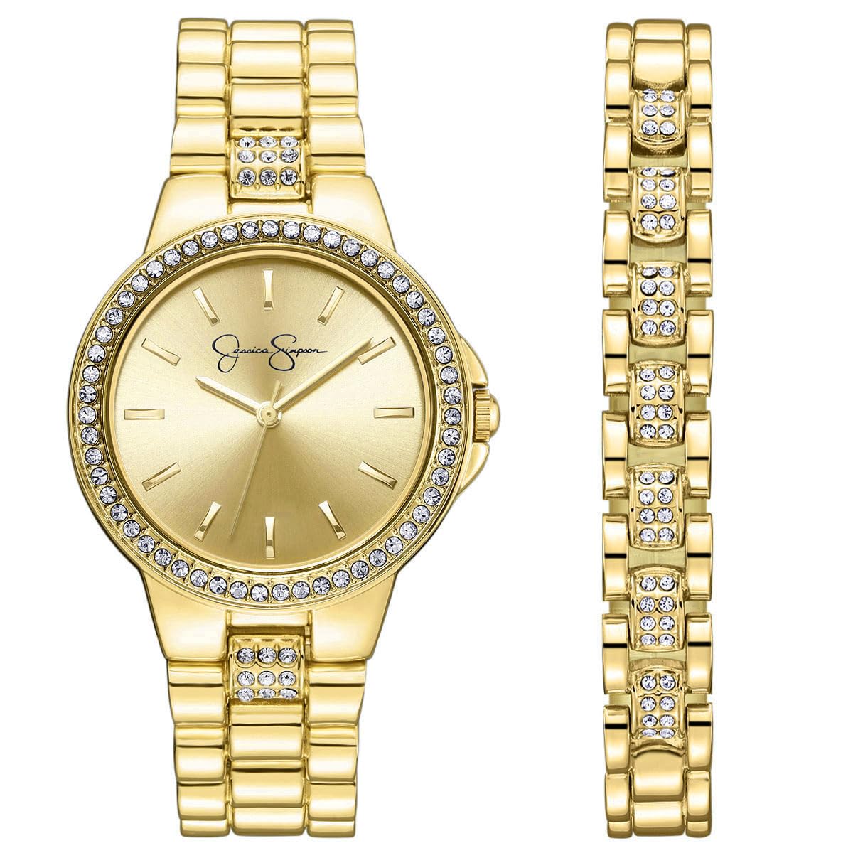 Jessica Simpson Women’s Watch Set Gold 35mm Crystal Bezel with Bangle