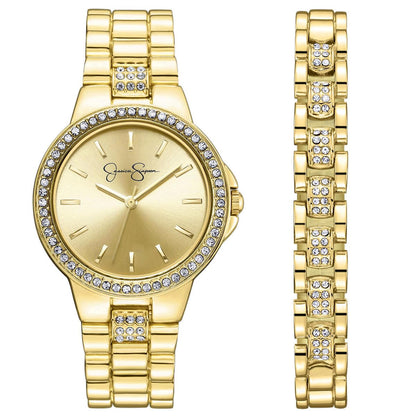 Jessica Simpson Women’s Watch Set Gold 35mm Crystal Bezel with Bangle