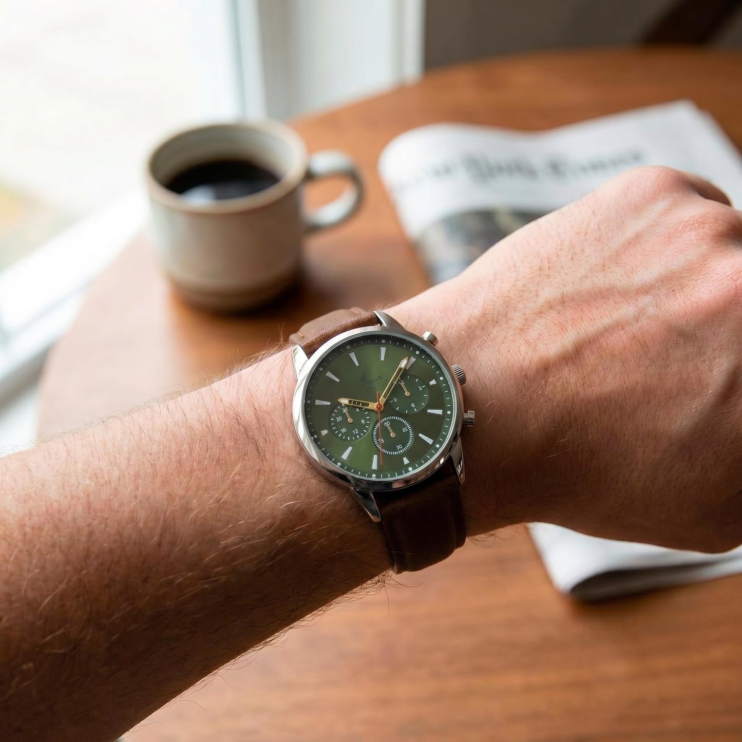 CARIBBEAN JOE Men’s Watch, 41mm Round Case, Silvertone, Dark Green Sunray Dial, Decorative Dial Accents, Luminous Indexes, Brown PU Strap