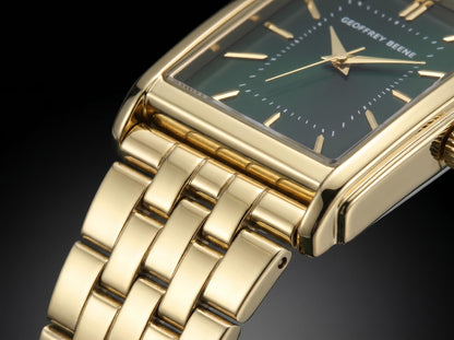 Geoffrey Beene Men’s Watch Set Rectangular Gold 31mm Green Sunray Dial Strap & Bracelet