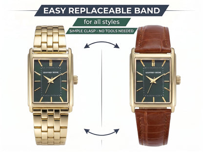 Geoffrey Beene Men’s Watch Set Rectangular Gold 31mm Green Sunray Dial Strap & Bracelet