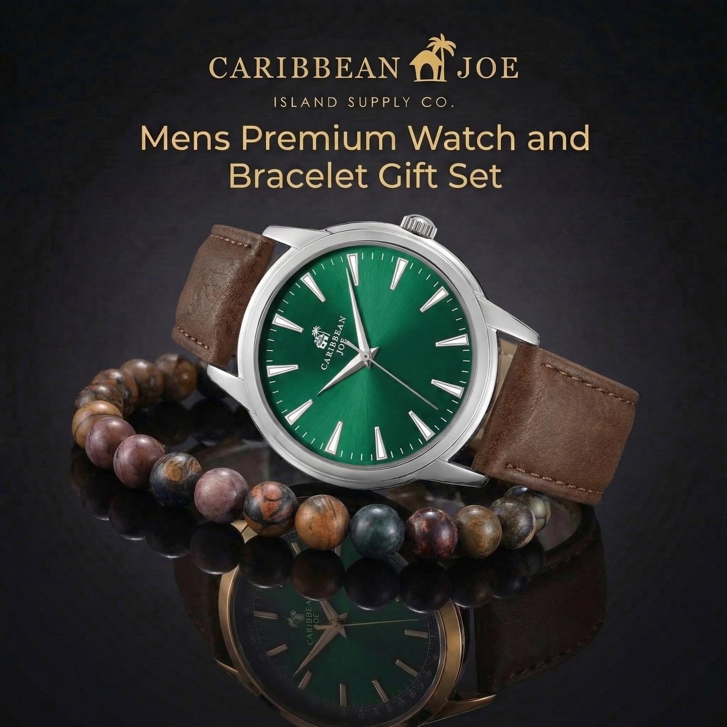 CARIBBEAN JOE Men’s Watch & Red Creek Jasper Beaded Bracelet Set – 41mm Silver-Tone Case, Green Sunray Dial, Luminous Markers, Brown PU Strap, 8mm Natural Stone 8” Bracelet