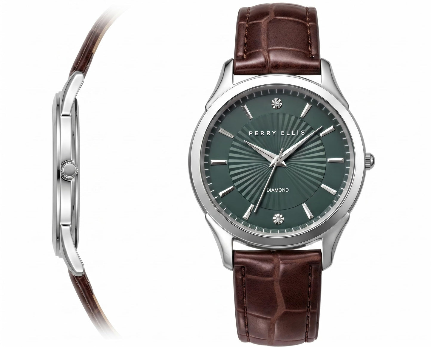 Perry Ellis Ultra Slim Men’s Round Silver Watch 41mm Green Textured Dial PU Strap Diamond Accent