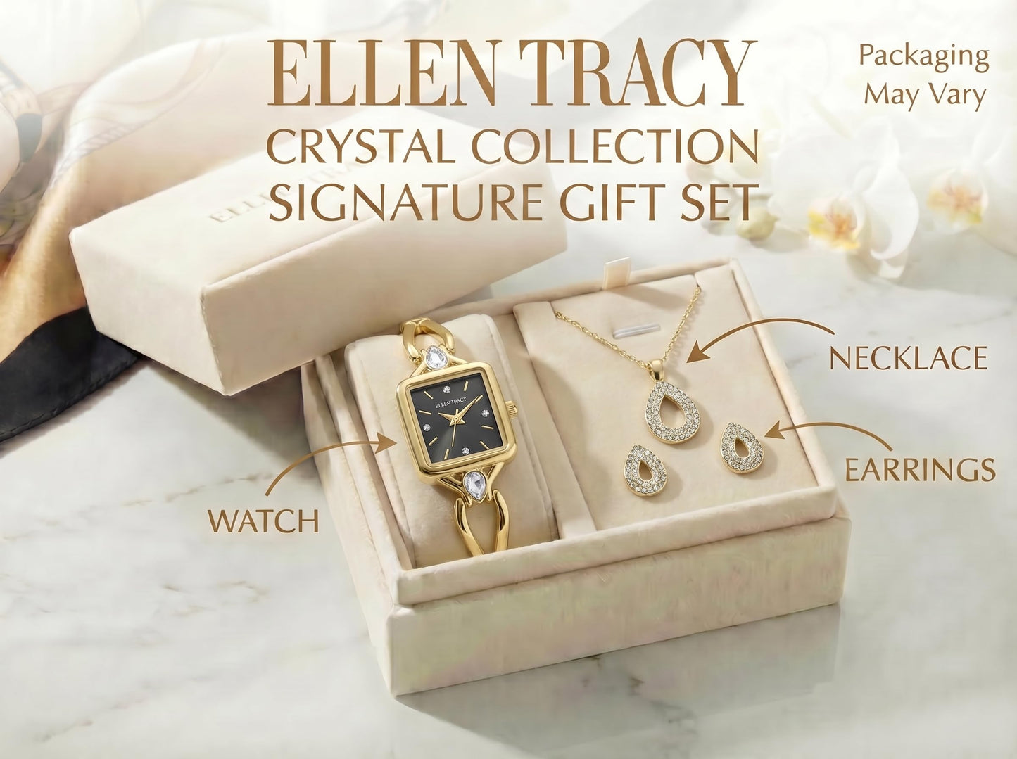 ELLEN TRACY Women's 20mm Rectangle Goldtone Watch and Jewelry Gift Set, Black Dial, Crystal Accents