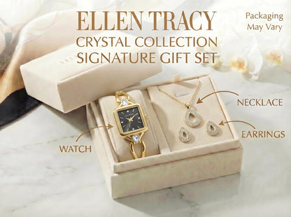 ELLEN TRACY Women's 20mm Rectangle Goldtone Watch and Jewelry Gift Set, Black Dial, Crystal Accents
