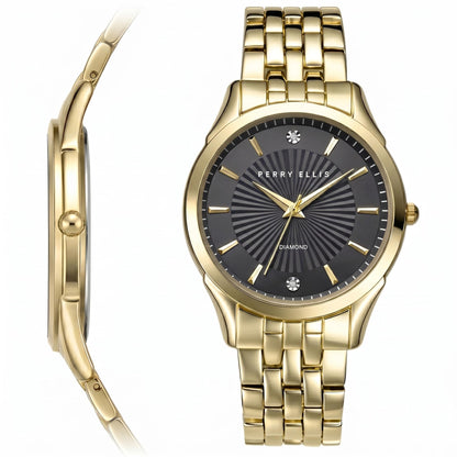 Perry Ellis Ultra Slim Men’s Round Gold Watch 41mm Black Textured Dial Bracelet Diamond Accent