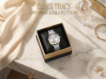 ELLEN TRACY Women's 22.5mm Cushion Two Tone Silver/Gold Watch, Silver Dial, Crystal Accents, Mesh Band