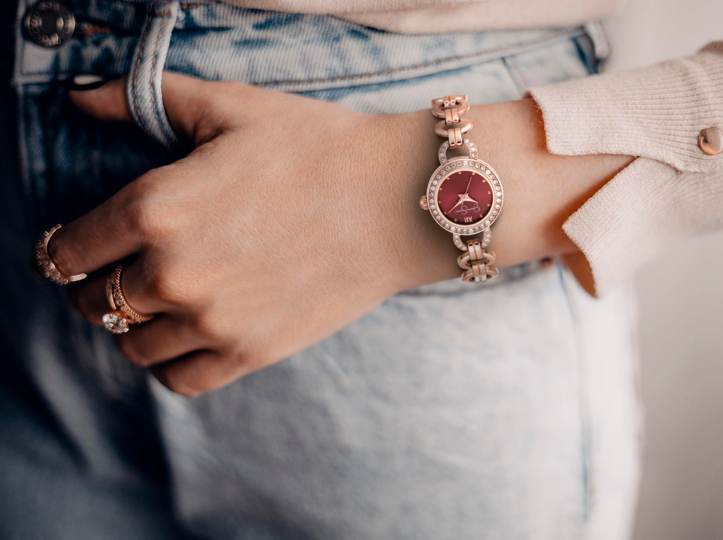 Jessica Simpson Women’s Round Rose Gold Watch 22mm Burgundy Dial Crystal Bezel