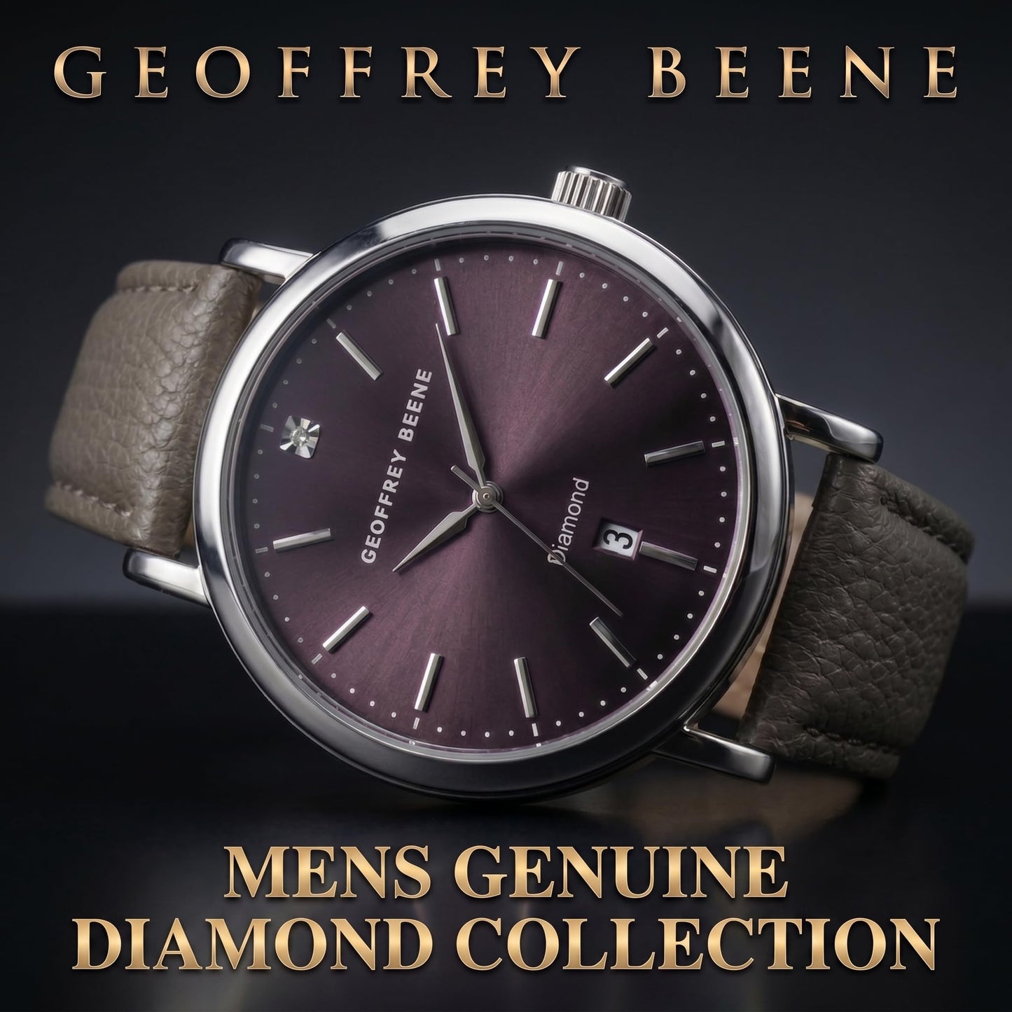 Geoffrey Beene Men’s Round Silver Watch 41mm Gray Sunray Dial PU Strap Diamond Accent