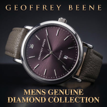 Geoffrey Beene Men’s Round Silver Watch 41mm Gray Sunray Dial PU Strap Diamond Accent