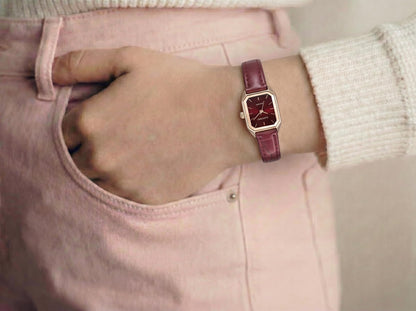 ELLEN TRACY Women's 20mm Round Rose Goldtone Watch, Burgundy Dial, Diamond Accent, Leather Band