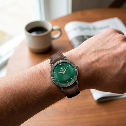 CARIBBEAN JOE Men’s Watch Set, 41mm + 40mm Light Gunmetal Cases, Green & Burgundy Sunray Dials, Luminous Indexes, PU Straps