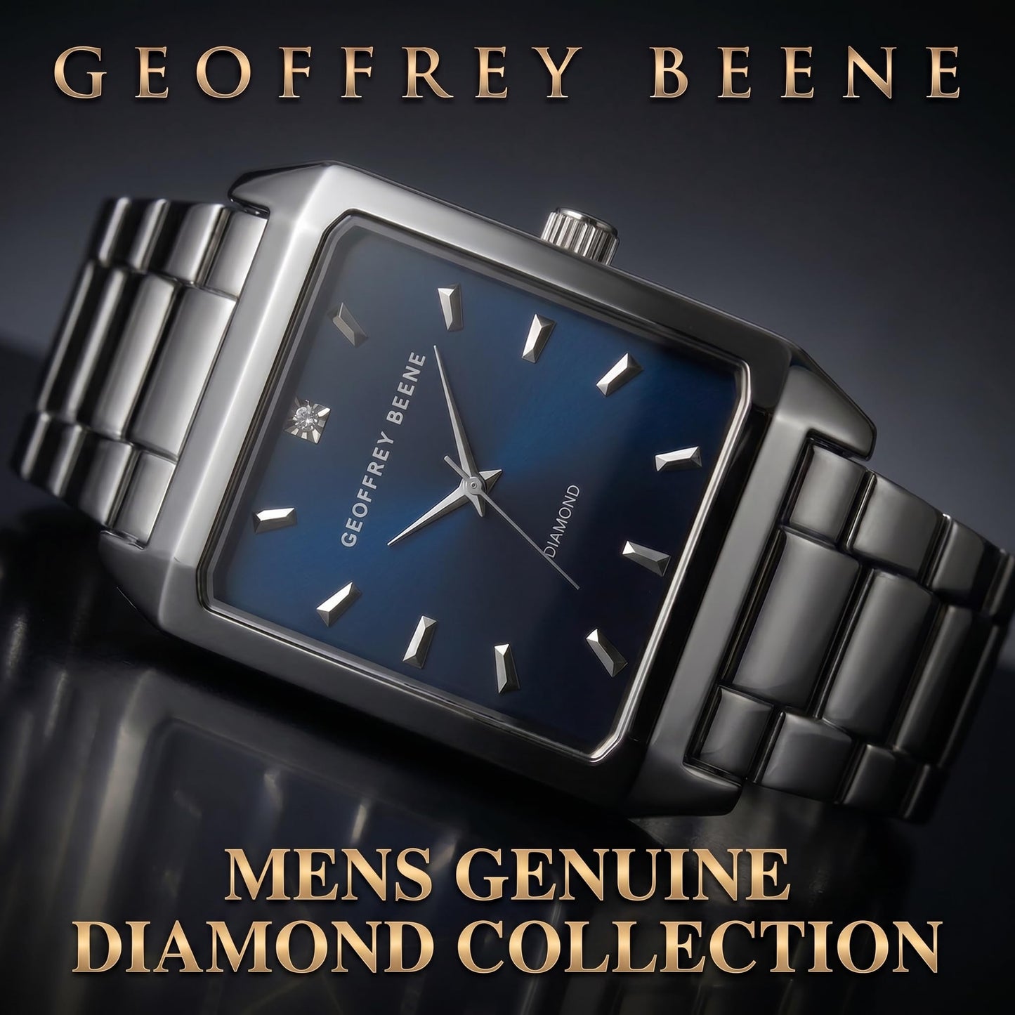 Geoffrey Beene Men’s Rectangular Gunmetal Watch 34mm Blue Sunray Dial Bracelet Diamond Accent