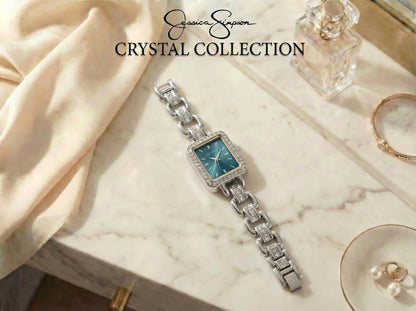 Jessica Simpson Women’s Rectangular Silver Watch 20mm Teal Sunray Dial Crystal Bracelet