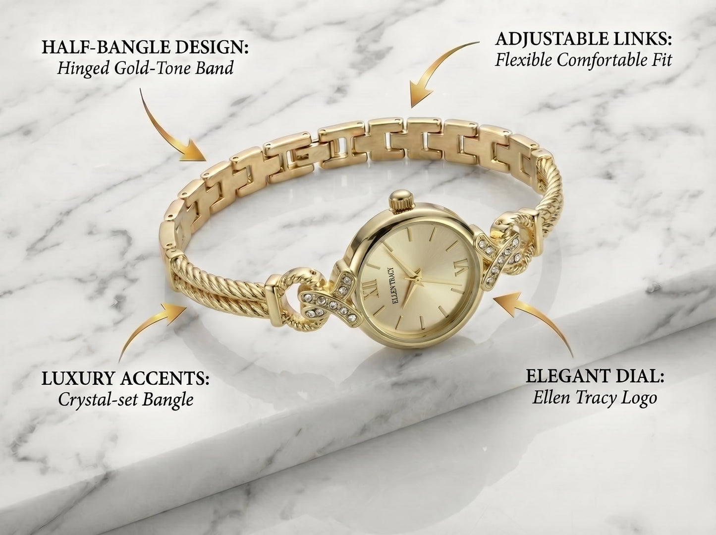ELLEN TRACY Women's 24mm Round Goldtone Watch, Gold Dial, Half Bangle Band