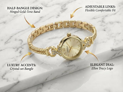 ELLEN TRACY Women's 24mm Round Goldtone Watch, Gold Dial, Half Bangle Band