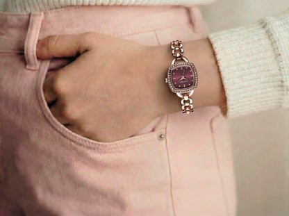 ELLEN TRACY Women's 22mm Cushion Rose Goldtone Watch, Burgundy Dial, Crystal Accents, Bracelet Band