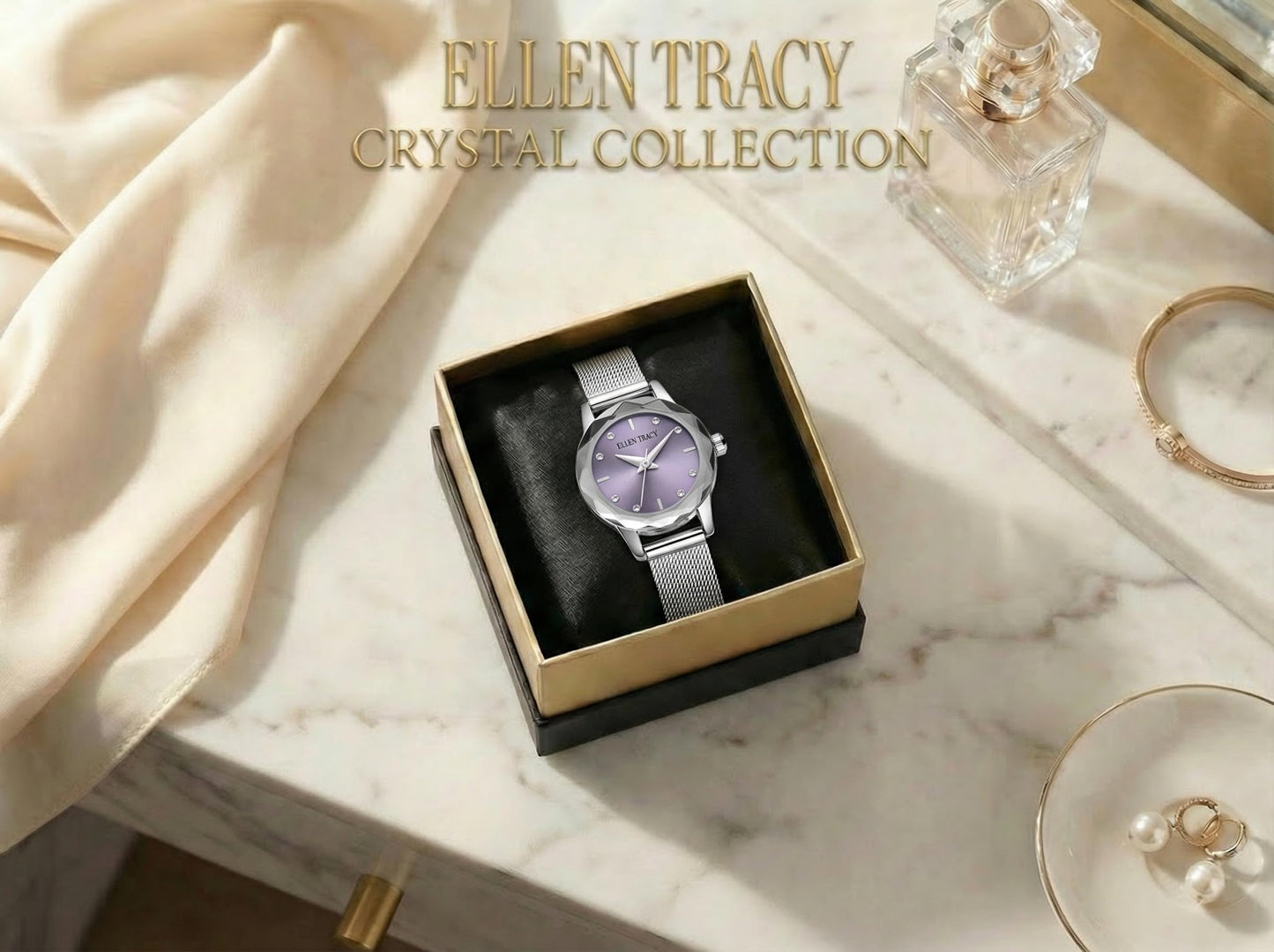ELLEN TRACY Women's 22mm Round Silvertone Watch, Purple Dial, Crystal Accents, Mesh Band