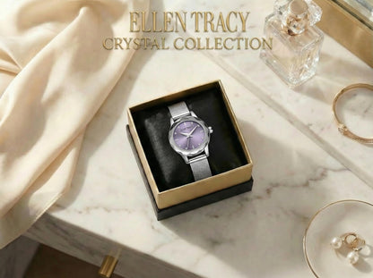 ELLEN TRACY Women's 22mm Round Silvertone Watch, Purple Dial, Crystal Accents, Mesh Band