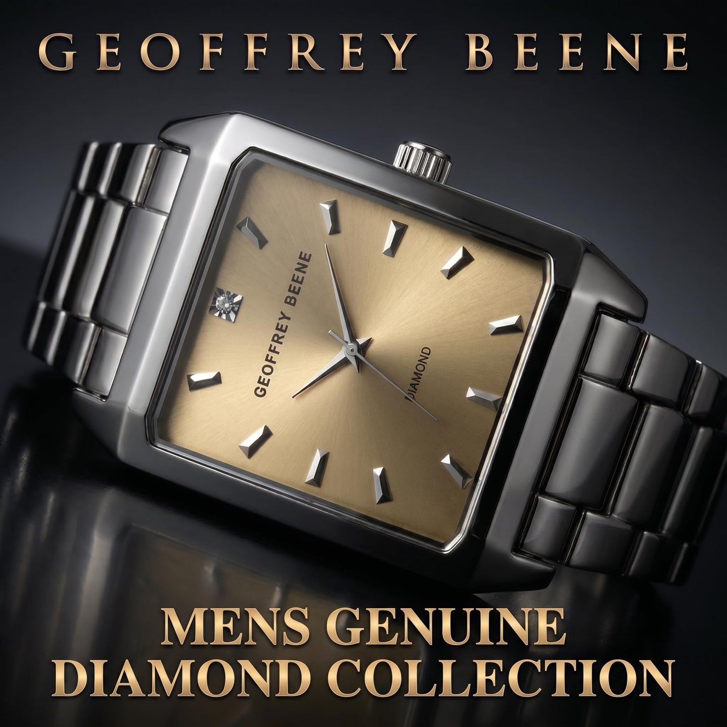 Geoffrey Beene Men’s Rectangular Silver Watch 34mm Brown Sunray Dial Bracelet Diamond Accent