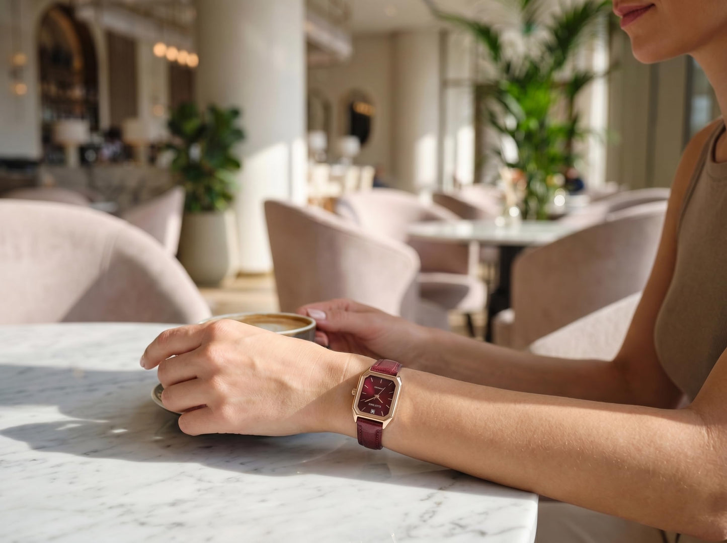 ELLEN TRACY Women's 20mm Round Rose Goldtone Watch, Burgundy Dial, Diamond Accent, Leather Band