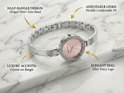 ELLEN TRACY Women's 28mm Round Silvertone Watch, Pink Dial, Crystal Accents, Bangle Band