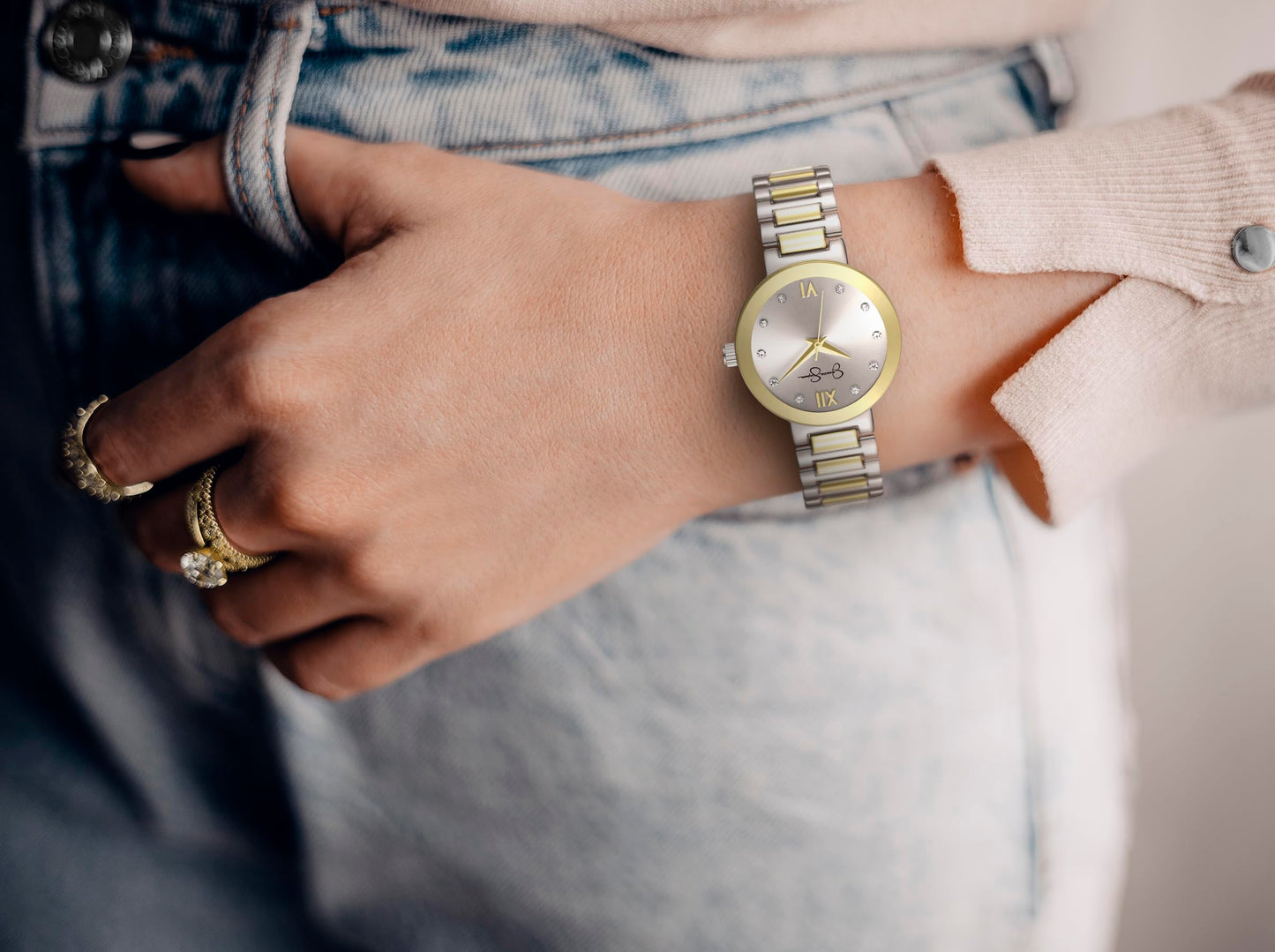 Jessica Simpson Women’s Round Two Tone Watch 28mm Silver Sunray Dial