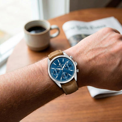 CARIBBEAN JOE Men’s Watch, 41mm Round Case, Silvertone, Blue Sunray Dial, Triangle Luminous Markers, Decorative Dial Markers, Brown PU Strap