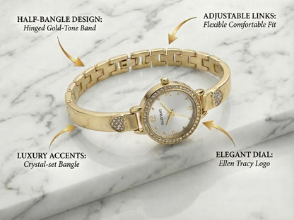 ELLEN TRACY Women's 28mm Round Goldtone Watch, Silver Dial, Crystal Accents, Bangle Band