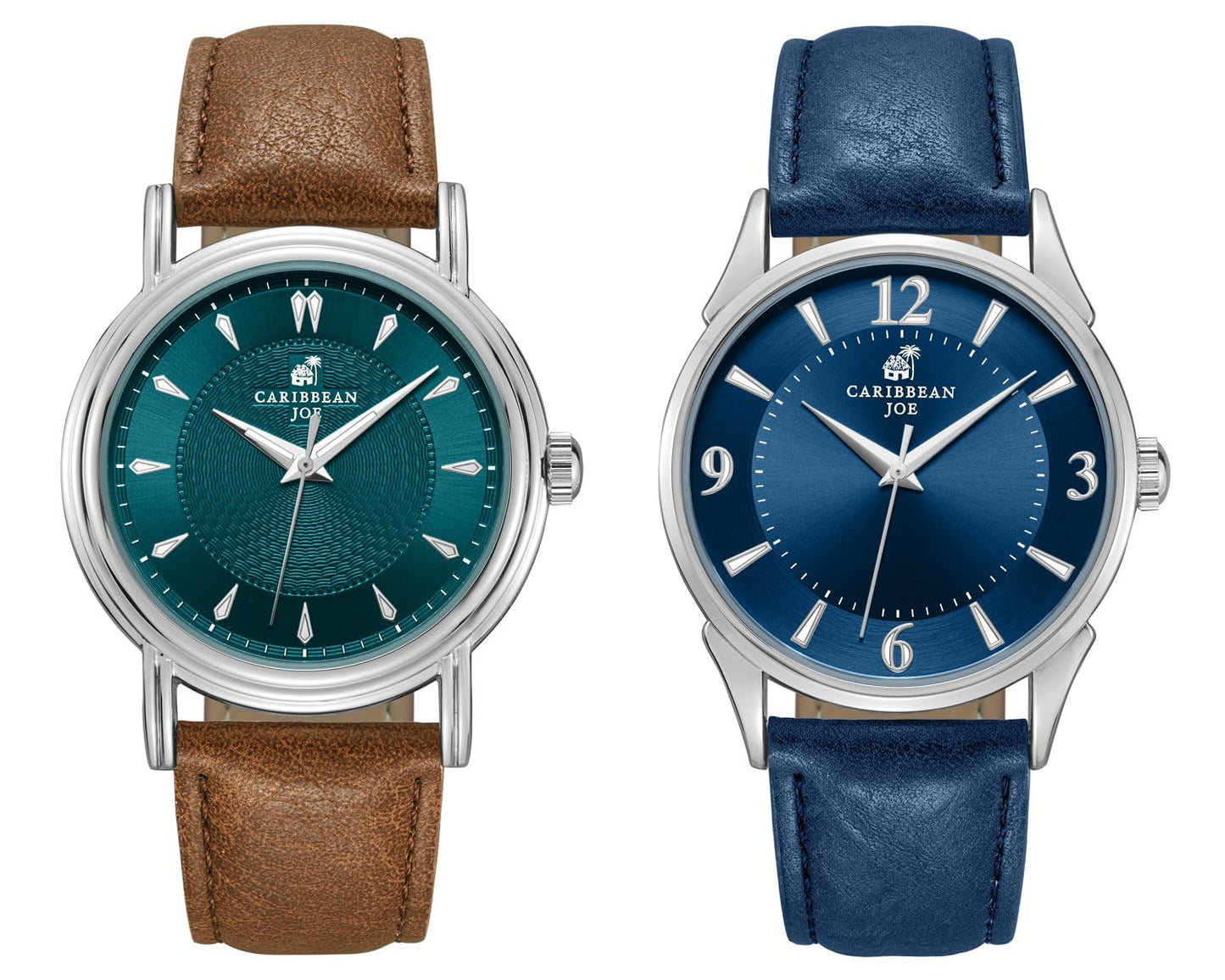 CARIBBEAN JOE Men’s Watch Set, 41mm + 40mm Silvertone Cases, Teal Blue & Blue Sunray Dials, Luminous Indexes, PU Straps