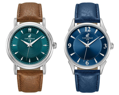 CARIBBEAN JOE Men’s Watch Set, 41mm + 40mm Silvertone Cases, Teal Blue & Blue Sunray Dials, Luminous Indexes, PU Straps