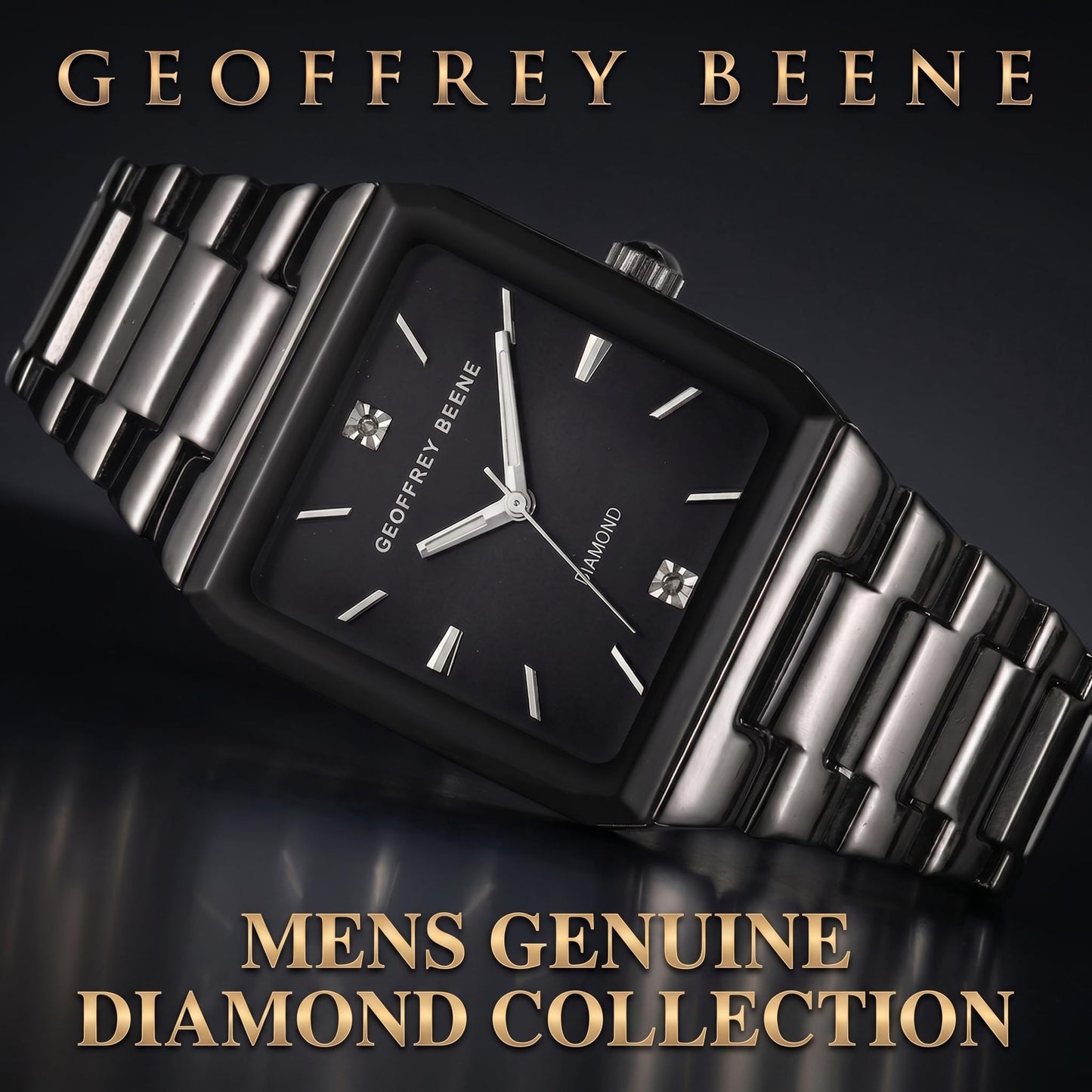Geoffrey Beene Men’s Square Gunmetal Watch 33mm Black Sunray Dial Bracelet Diamond Accent