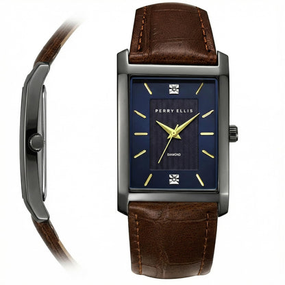 Perry Ellis Ultra Slim Men's Watch – Rectangular Gold-Tone, Black Textured Dial with Diamond Accents, Gold Faceted Indexes, Adjustable Black Leather Strap, Quartz Analog Fashion Accessory