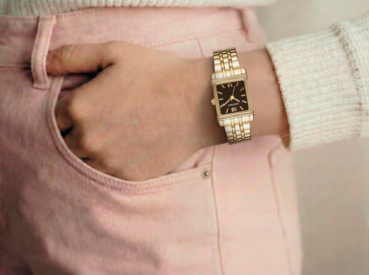 ELLEN TRACY Women's 22mm Rectangle Goldtone Watch, Black Dial, Bracelet Band