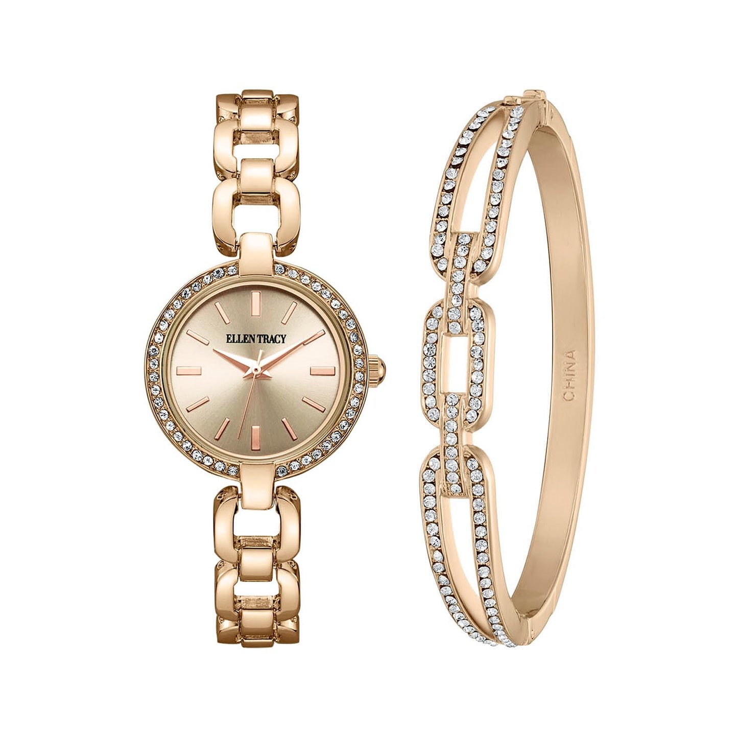ELLEN TRACY Women's 28mm Round Rose Goldtone Watch and Bangle Gift Set, Rose Gold Dial, Crystal Accents