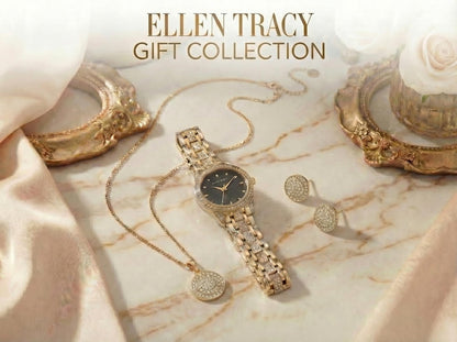 ELLEN TRACY Women's 24mm Round Goldtone Watch and Jewelry Gift Set, Black Dial, Crystal Accents