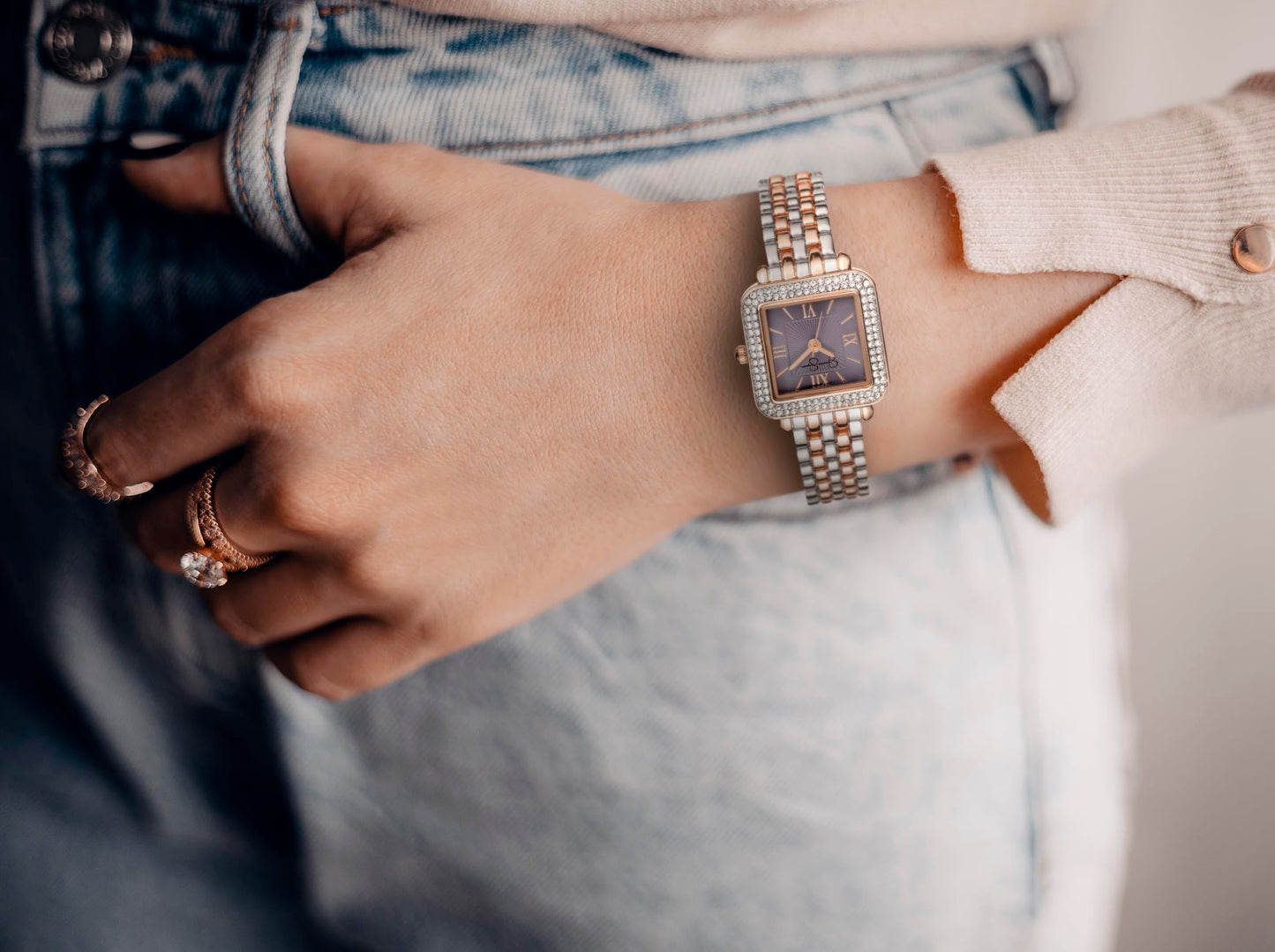 Jessica Simpson Women’s Square Silver Watch 23.5mm Lavender Dial Crystal Bezel Bracelet