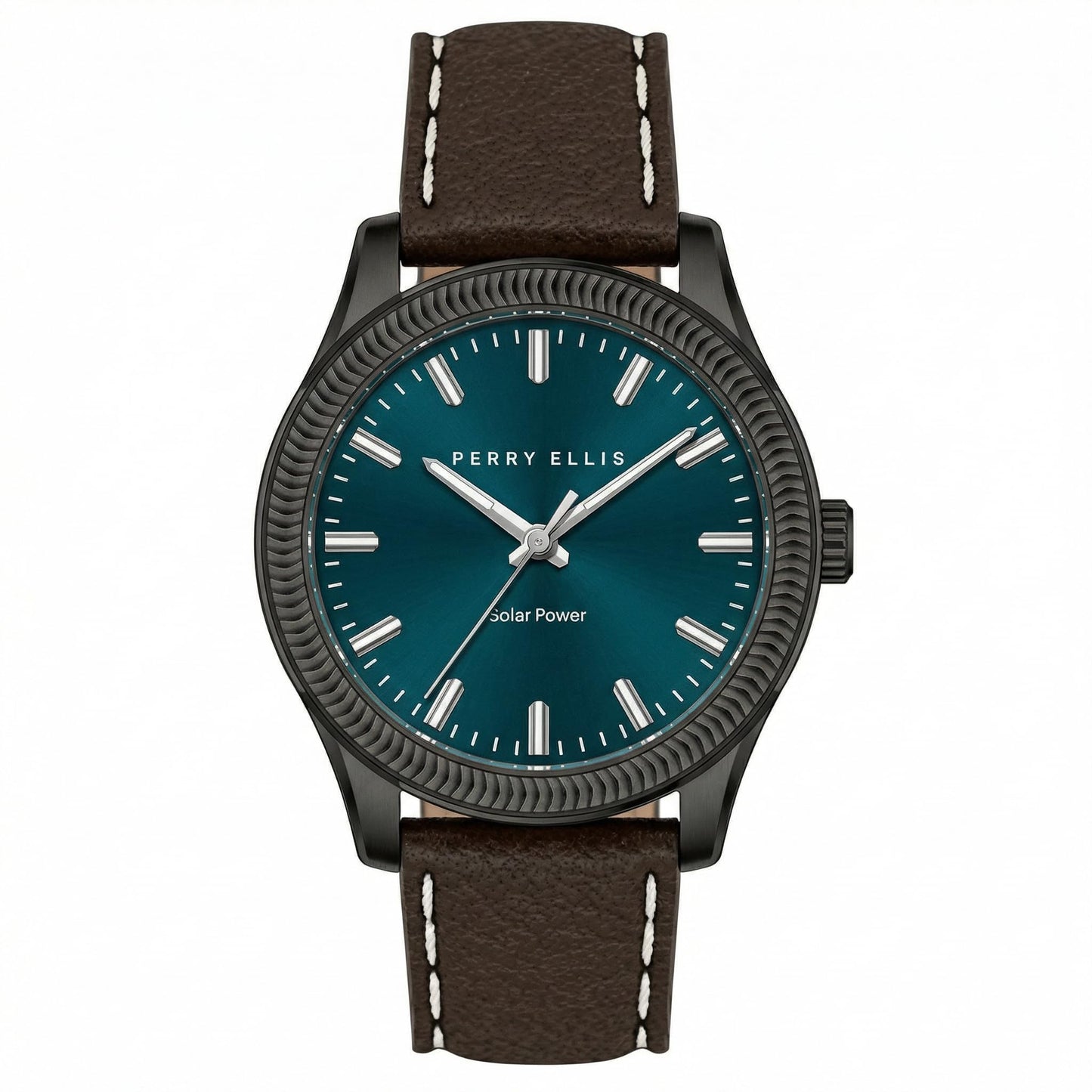 Perry Ellis Men's Solar Watch – Round Gunmetal, Dark Teal Sunray Dial with Luminous Hands, Adjustable Brown Leather Strap, Water Resistant 3ATM, Quartz Analog Fashion Accessory