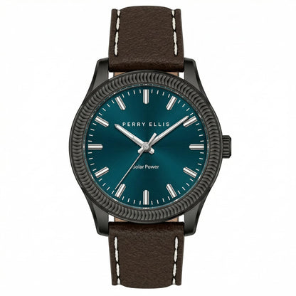 Perry Ellis Men's Solar Watch – Round Gunmetal, Dark Teal Sunray Dial with Luminous Hands, Adjustable Brown Leather Strap, Water Resistant 3ATM, Quartz Analog Fashion Accessory