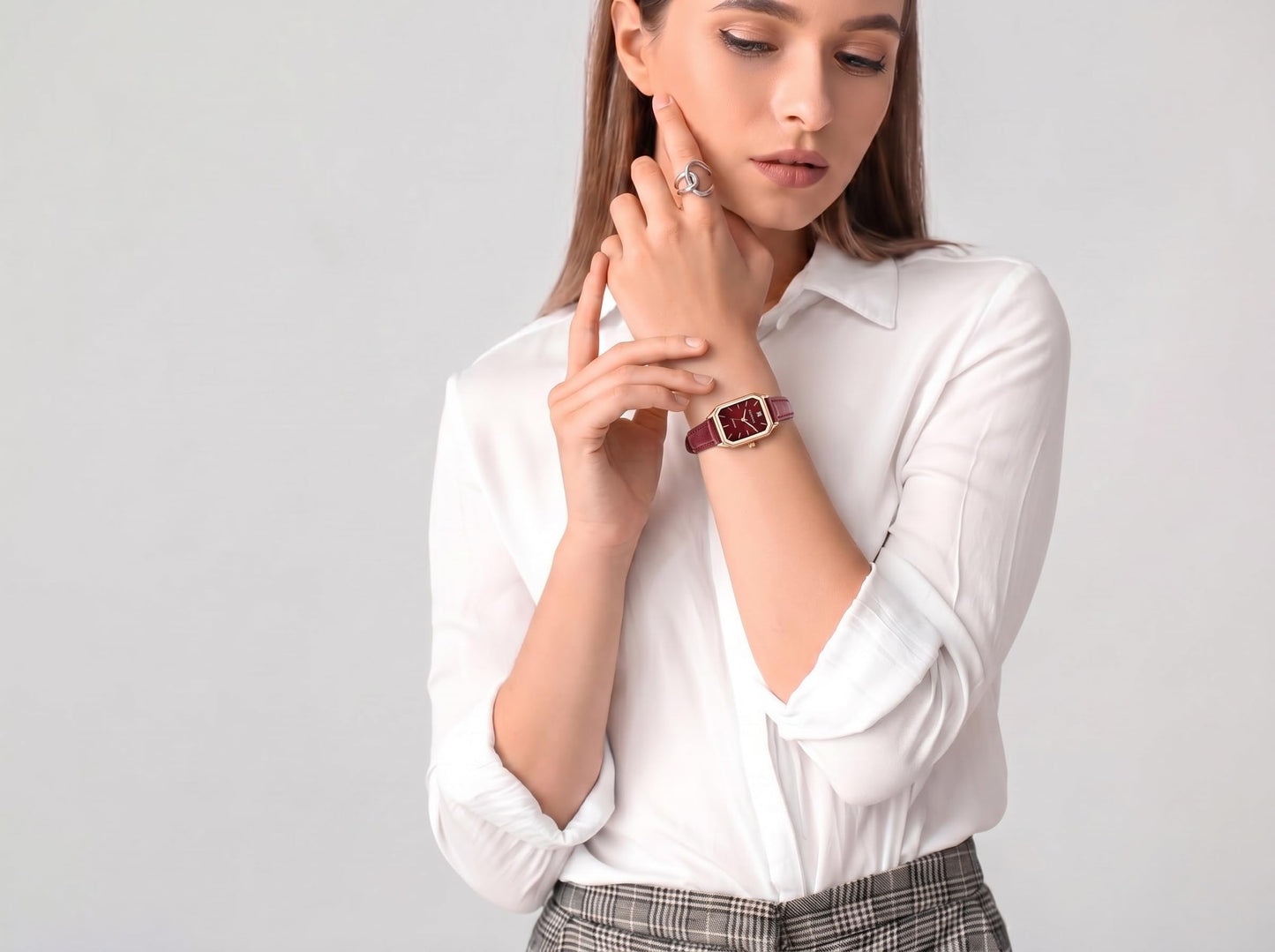 ELLEN TRACY Women's 20mm Round Rose Goldtone Watch, Burgundy Dial, Diamond Accent, Leather Band