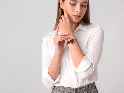 ELLEN TRACY Women's 20mm Round Rose Goldtone Watch, Burgundy Dial, Diamond Accent, Leather Band
