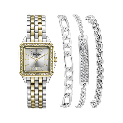 Jessica Simpson Women’s Watch Set Two Tone Cushion 25mm Silver Dial Bracelet Set
